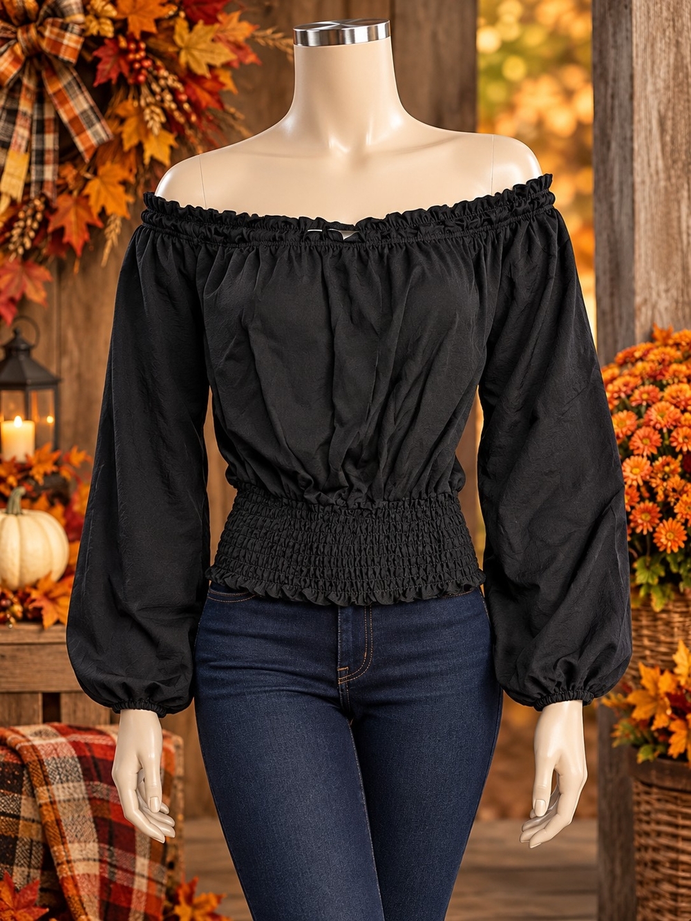 Michael Kors Collection Black Off-Shoulder Smocked-Waist Peasant Blouse
